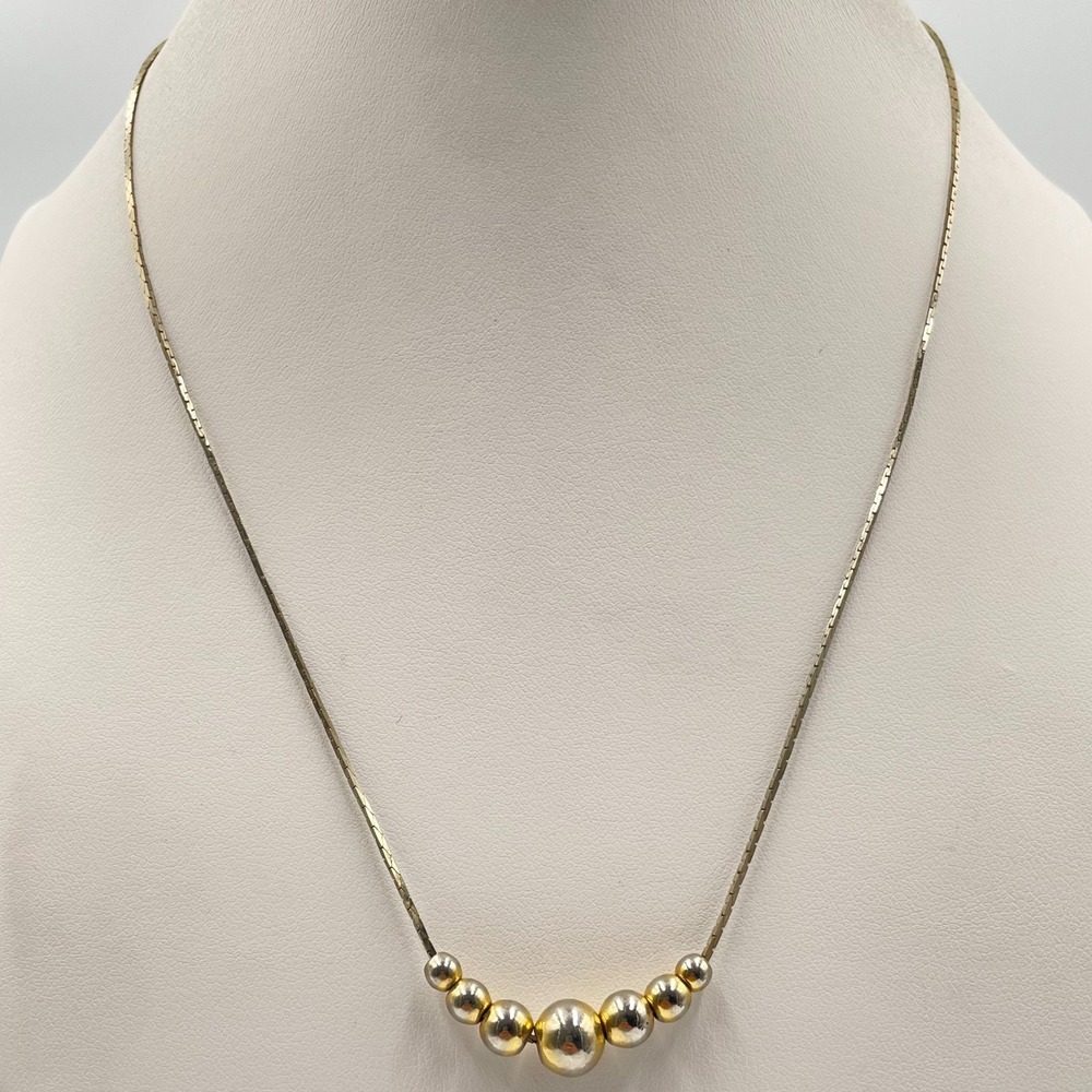 VTG Two-Tone Gold & Silver Tone Graduated Ball Bead Herringbone Chain Necklace